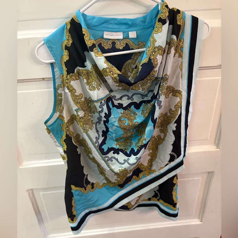 Versace Blue and Black Asymmetrical Sleeveless Blouse